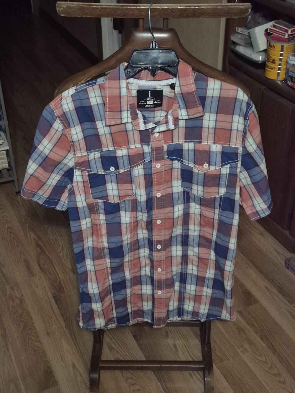 Jeans By Buffalo Short-Sleeve Plaid Button-Down Shirt - Blue & Coral